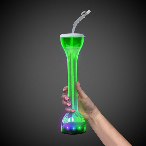 LED Light Up Flashing Green 17 Oz Yard Glass With Straw
