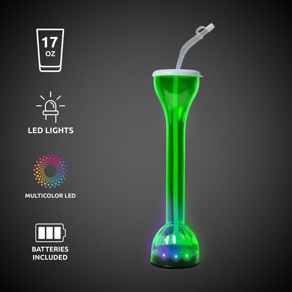 LED Light Up Flashing Green 17 Oz Yard Glass With Straw