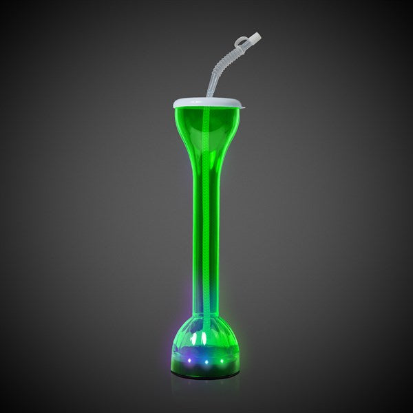 LED Light Up Flashing Green 17 Oz Yard Glass With Straw