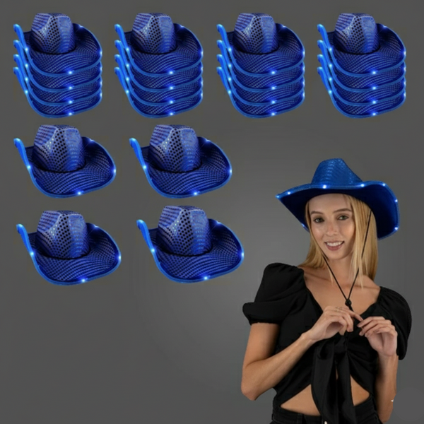 LED Light Up Flashing Sequin Blue Cowboy Hat - Pack of 24 Hats