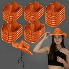 LED Light Up Flashing Sequin Orange Cowboy Hat - Pack of 24 Hats