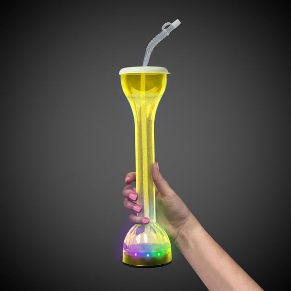LED Light Up Flashing Yellow 17 Oz Yard Glass With Straw