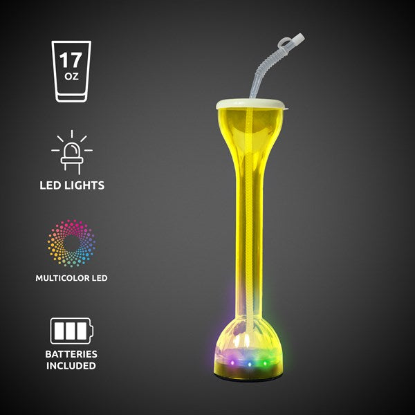 LED Light Up Flashing Yellow 17 Oz Yard Glass With Straw