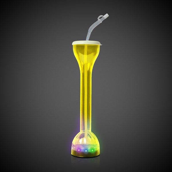 LED Light Up Flashing Yellow 17 Oz Yard Glass With Straw
