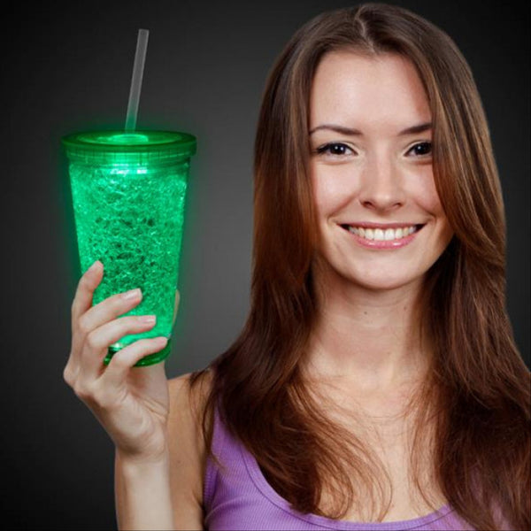 LED Light Up Green 16 Oz Crystal Tumbler With Lid And Straw