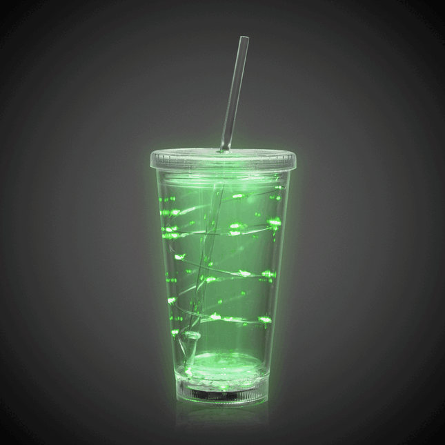 LED Light Up Green 16 Oz String Double Wall Tumbler With Lid And Straw