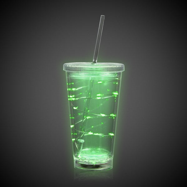 LED Light Up Green 16 Oz String Double Wall Tumbler With Lid And Straw