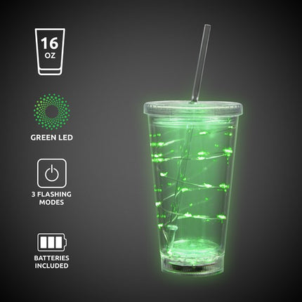 LED Light Up Green 16 Oz String Double Wall Tumbler With Lid And Straw