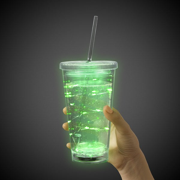 LED Light Up Green 16 Oz String Double Wall Tumbler With Lid And Straw