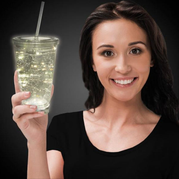 LED Light Up White 16 Oz Crystal Tumbler With Lid And Straw