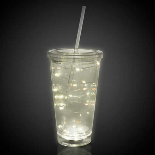 LED Light Up White 16 Oz Crystal Tumbler With Lid And Straw