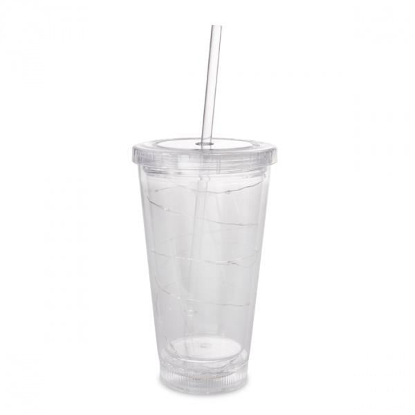 LED Light Up White 16 Oz Crystal Tumbler With Lid And Straw