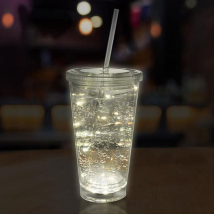LED Light Up White 16 Oz Crystal Tumbler With Lid And Straw