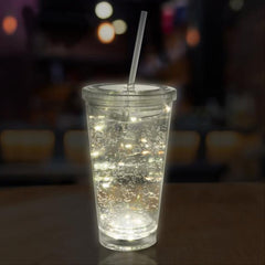 LED Light Up White 16 Oz Crystal Tumbler With Lid And Straw