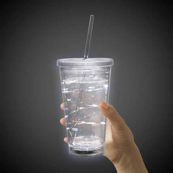 LED Light Up White 16 Oz String Double Wall Tumbler With Lid And Straw