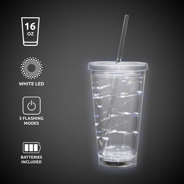 LED Light Up White 16 Oz String Double Wall Tumbler With Lid And Straw