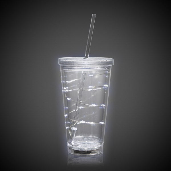 LED Light Up White 16 Oz String Double Wall Tumbler With Lid And Straw