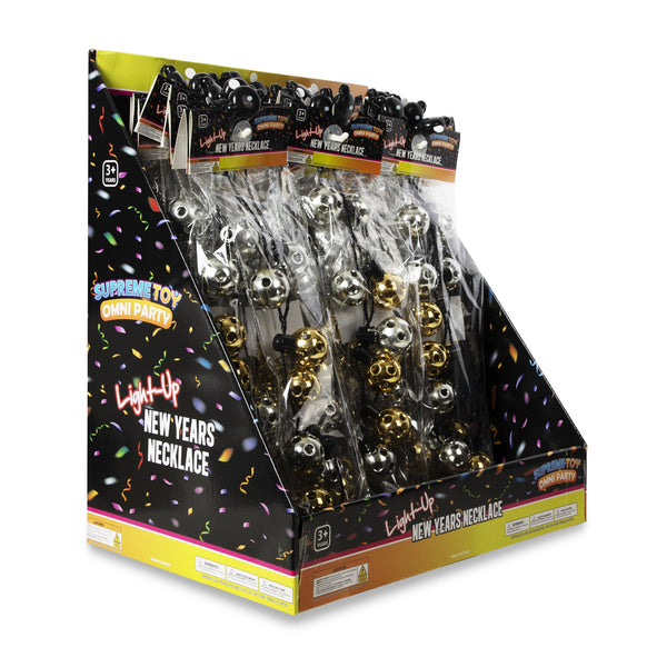 LED New Years Disco Ball Necklaces Retail Display - 24 Per Pack