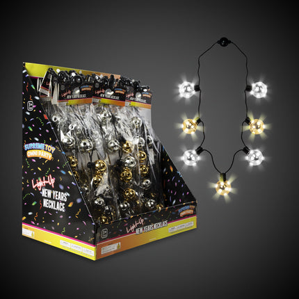 LED New Years Disco Ball Necklaces Retail Display - 24 Per Pack