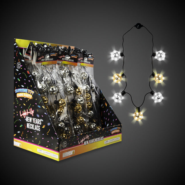 LED New Years Disco Ball Necklaces Retail Display - 24 Per Pack