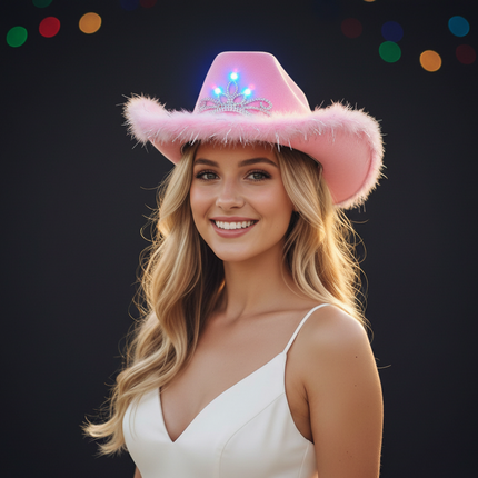 LED Light Up Pink Feather Cowboy Hat With Tiara