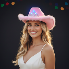 LED Light Up Pink Feather Cowboy Hat With Tiara