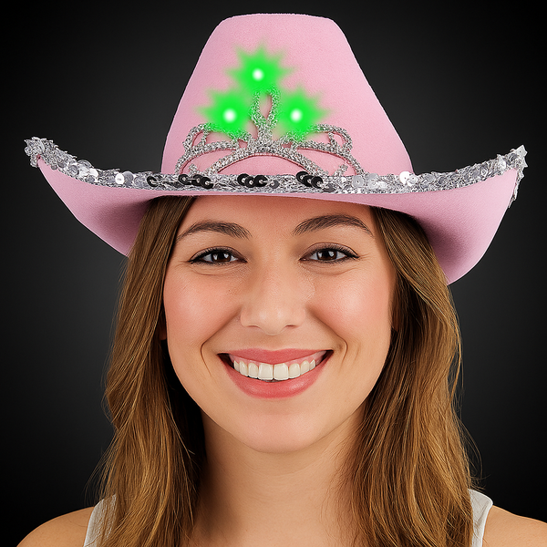 LED Light Up Pink Felt Cowboy Hat With Tiara