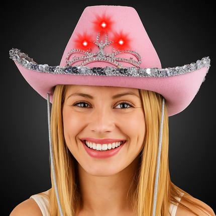 LED Light Up Pink Felt Cowboy Hat With Tiara