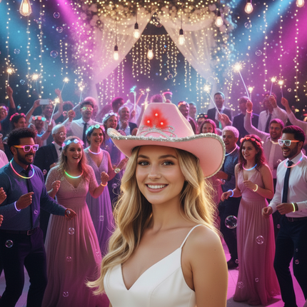 LED Light Up Pink Felt Cowboy Hat With Tiara