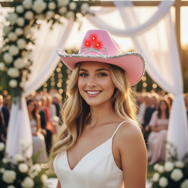 LED Light Up Pink Felt Cowboy Hat With Tiara