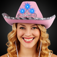 LED Light Up Pink Felt Cowboy Hat With Tiara
