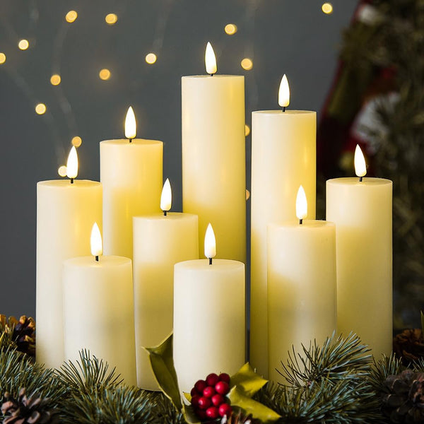 LED Realistic Slim Flameless Pillar Candles With Remote - 9 Per Pack