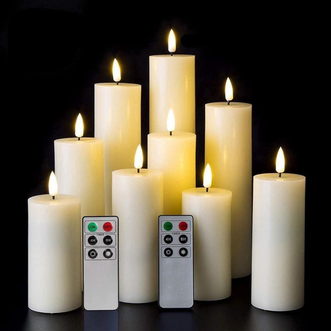 LED Realistic Slim Flameless Pillar Candles With Remote - 9 Per Pack