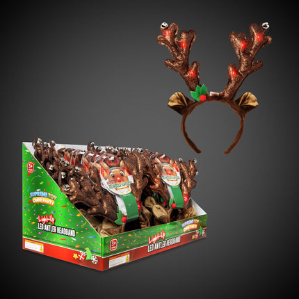 LED Reindeer Antlers Headbands Retail Display - 24 Per Pack
