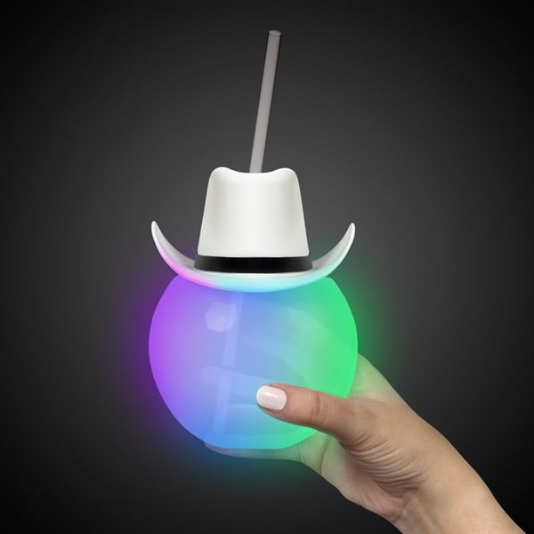 LED White Cowboy Hat Ball Cup With Straw