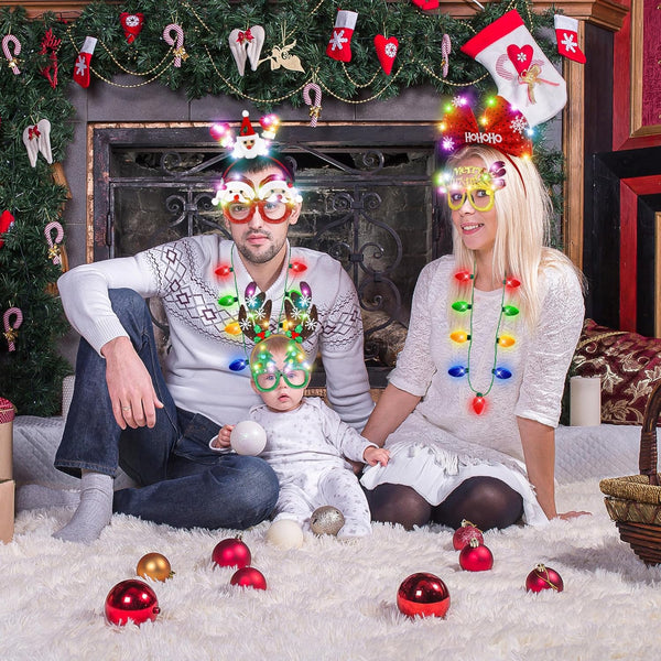 Light Up Christmas Necklace Headband Glasses Set - Assorted 18 Per Pack