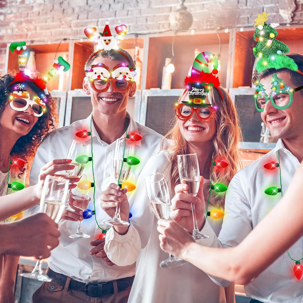 Light Up Christmas Necklace Headband Glasses Set - Assorted 18 Per Pack