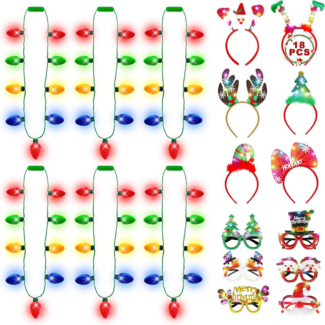 Light Up Christmas Necklace Headband Glasses Set - Assorted 18 Per Pack