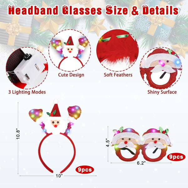 Light Up Christmas Necklace Headband Glasses Set - Assorted 27 Per Pack