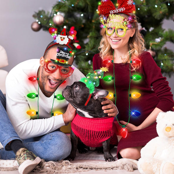 Light Up Christmas Necklace Headband Glasses Set - Assorted 27 Per Pack