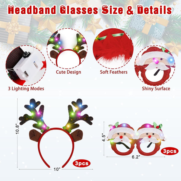 Light Up Christmas Necklace Headband Glasses Set - Assorted