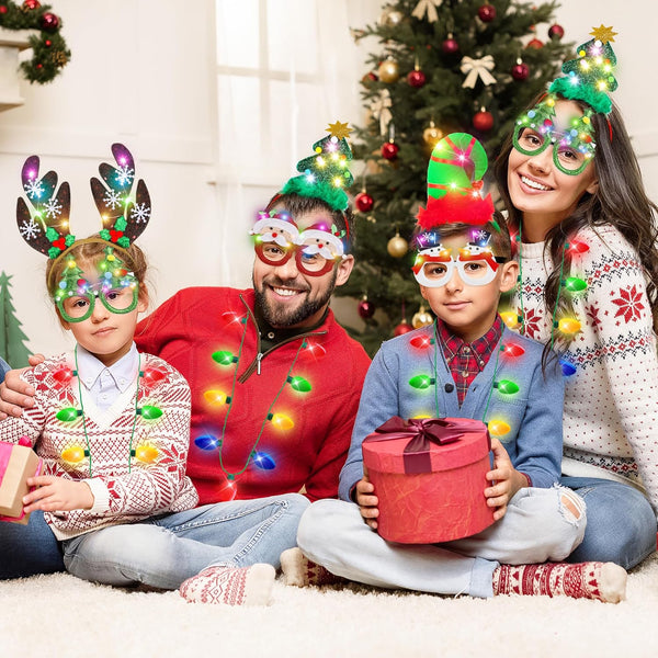 Light Up Christmas Necklace Headband Glasses Set - Assorted