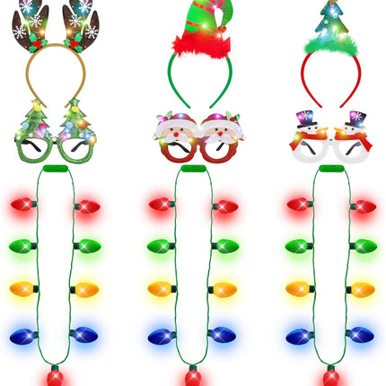 Light Up Christmas Necklace Headband Glasses Set - Assorted