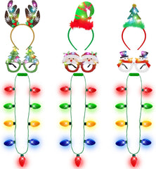 Light Up Christmas Necklace Headband Glasses Set - Assorted 9 Per Pack
