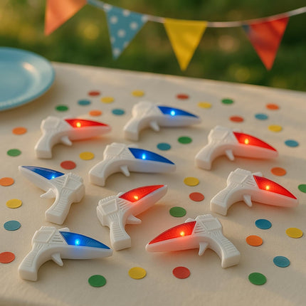 Mini Light Up Space Guns for Kids - 12 Pack Party Favors with Sound Effects