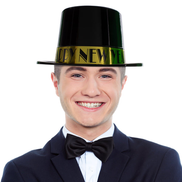 New Year Black & Gold Top Hats - 12 Per Pack
