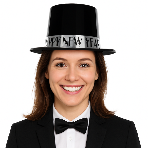Black & Silver Happy New Year Top Hats - 12 Per Pack
