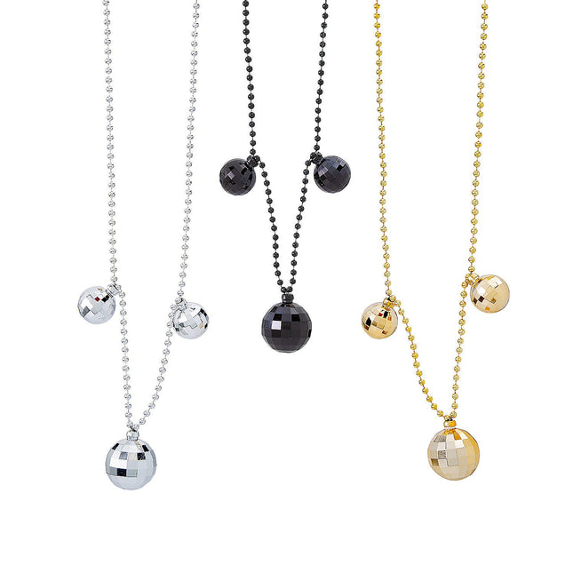 30" New Year’s Eve Gold, Silver & Black Disco Ball Plastic Bead Necklaces - 12 Per Pack
