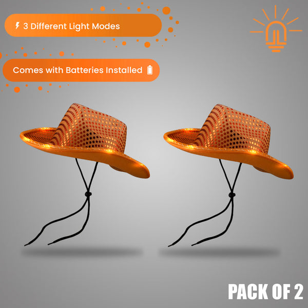 LED Flashing Orange Cowboy Hat With Sequins Pack of 2