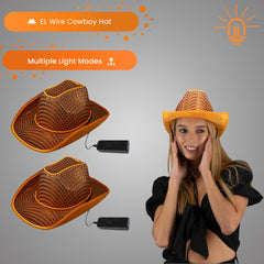 LED Flashing Orange EL Wire Sequin Cowboy Party Hat - Pack of 2 Hats